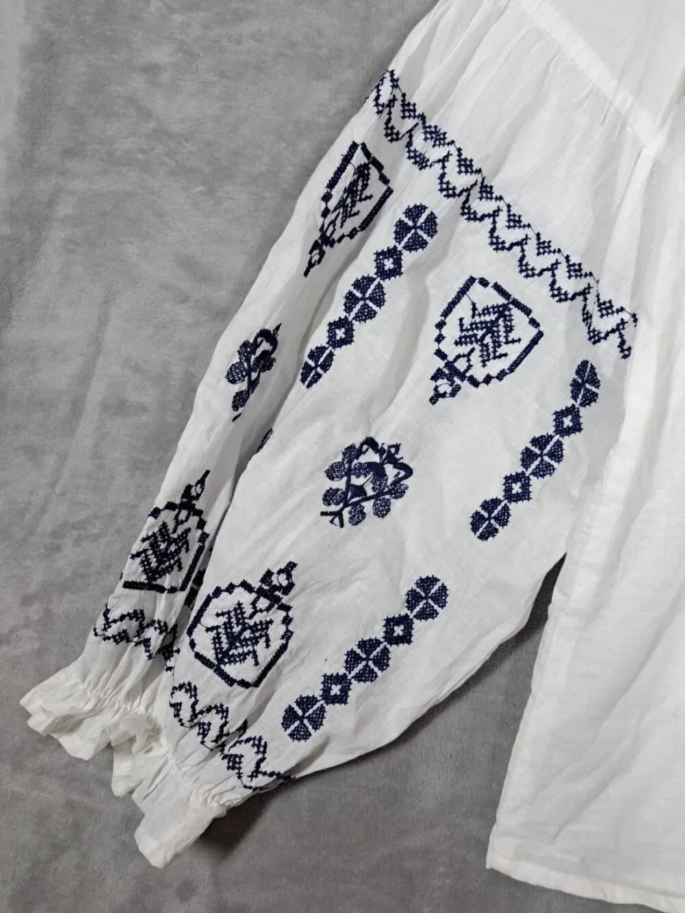 Nicole Miller Peasant Blouse L Top Boho Festival Cottagecore Coastal White Blue - Picture 2 of 8